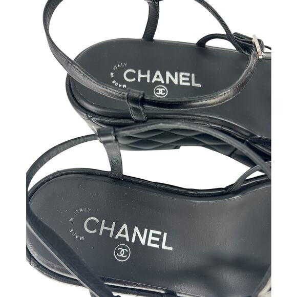 Chanel 2023 Calfskin Quilted Slingback Wedge Logo Sandals - Picture 11 of 16
